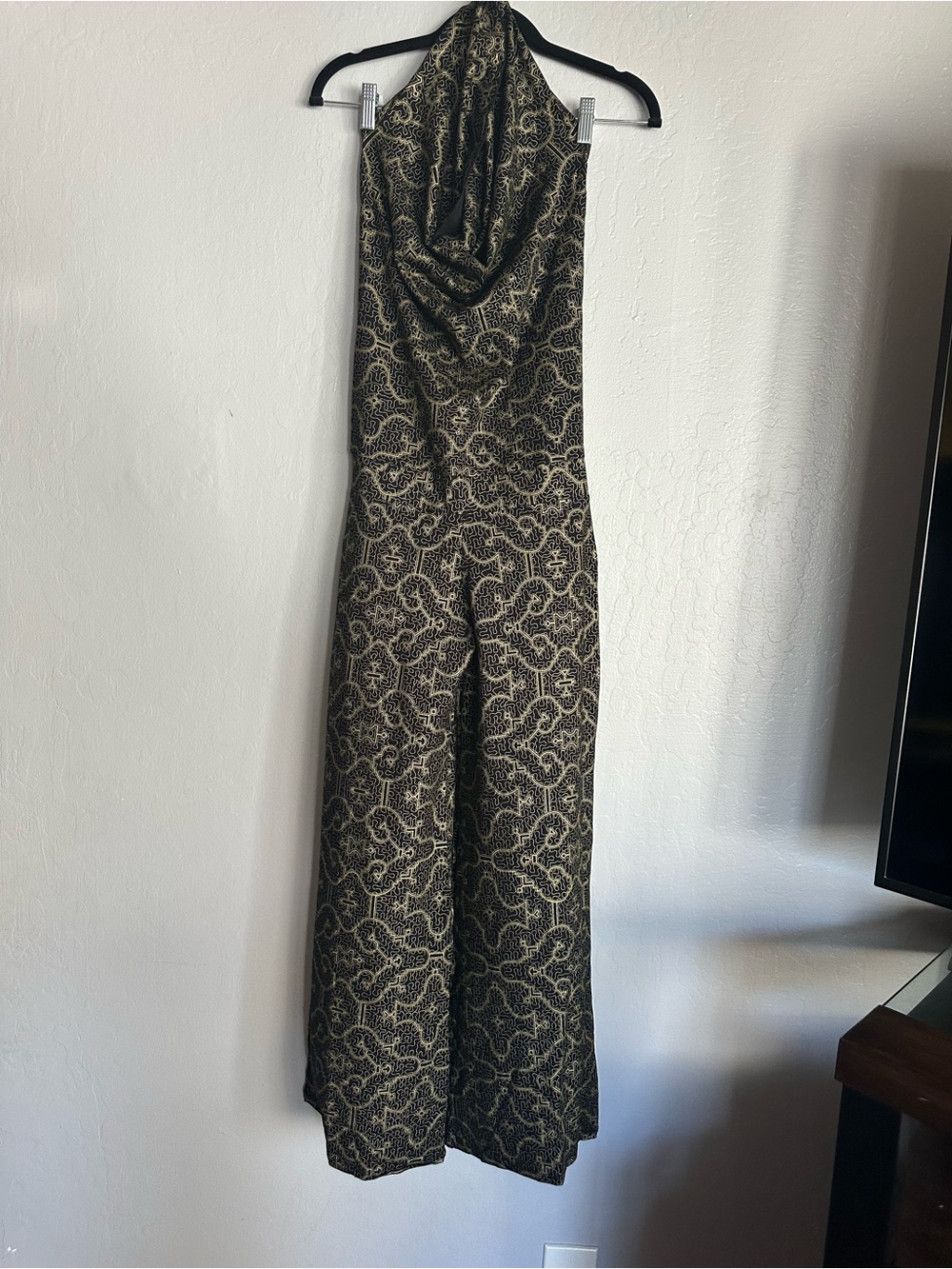 Sleeveless Halter Jumpsuit in Black and Gold Pattern